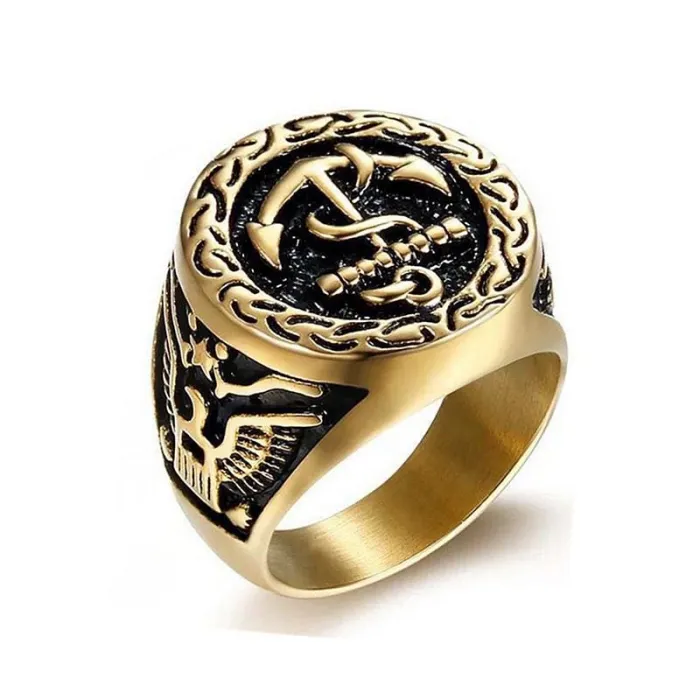 Wholesale HIPHOP Eagle Anchor Rings for Men – Gold-Plated Titanium Steel | Bold Symbolic Jewelry, Bulk Supplier