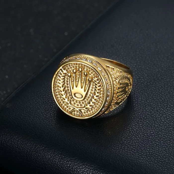 Wholesale HIPHOP Crown Rings for Men – Gold-Plated Titanium Steel with Rhinestones & Bead Detail | Stylish Street Jewelry Supplier