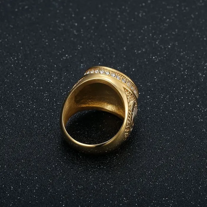 Wholesale HIPHOP Crown Rings for Men – Gold-Plated Titanium Steel with Rhinestones & Bead Detail | Stylish Street Jewelry Supplier