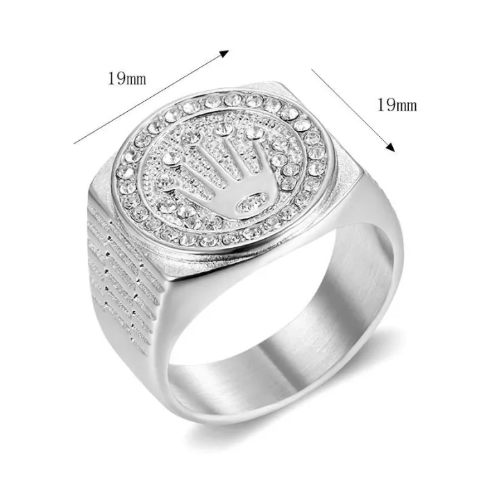 Wholesale HIPHOP Crown Rings for Men – 316L Stainless Steel with Polished Finish & Rhinestone Beads | Streetwear Jewelry Supplier