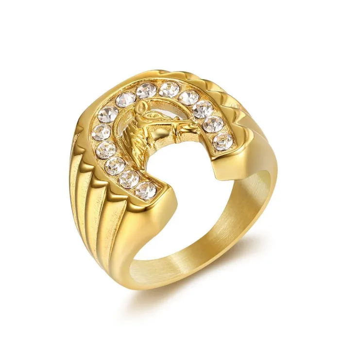 Wholesale HIPHOP Horse Head Rings for Men – Gold-Plated Titanium Steel with Rhinestones | Trendy Statement Jewelry, Bulk Supplier