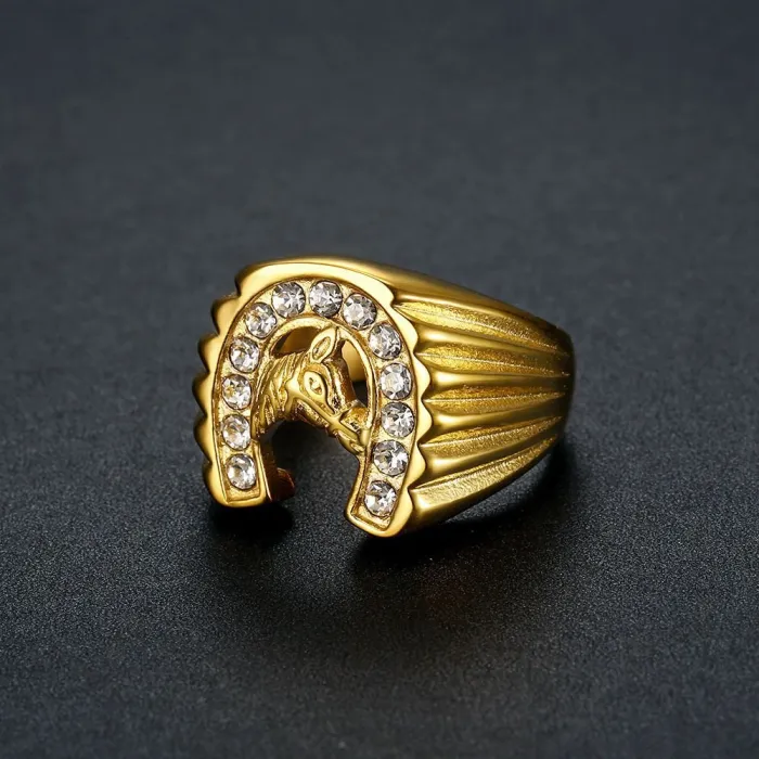 Wholesale HIPHOP Horse Head Rings for Men – Gold-Plated Titanium Steel with Rhinestones | Trendy Statement Jewelry, Bulk Supplier