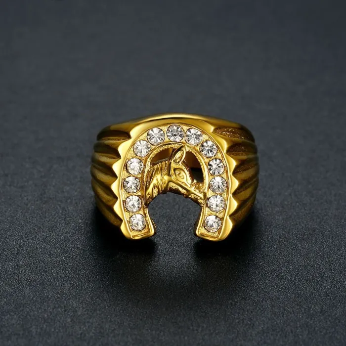 Wholesale HIPHOP Horse Head Rings for Men – Gold-Plated Titanium Steel with Rhinestones | Trendy Statement Jewelry, Bulk Supplier