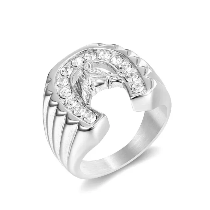 Wholesale HIPHOP Horse Head Rings for Men – Gold-Plated Titanium Steel with Rhinestones | Trendy Statement Jewelry, Bulk Supplier