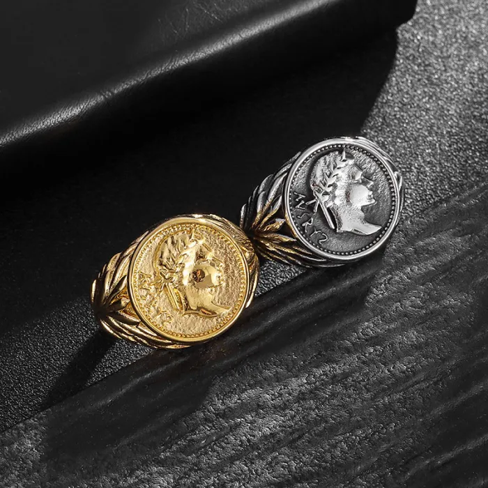 Wholesale Caesar Coin Rings for Men – Vintage Plated Stainless Steel Portrait Ring | Roman Emperor Jewelry, Bulk Supplier