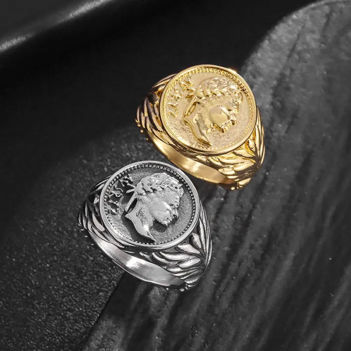 Wholesale Caesar Coin Rings for Men – Vintage Plated Stainless Steel Portrait Ring | Roman Emperor Jewelry, Bulk Supplier