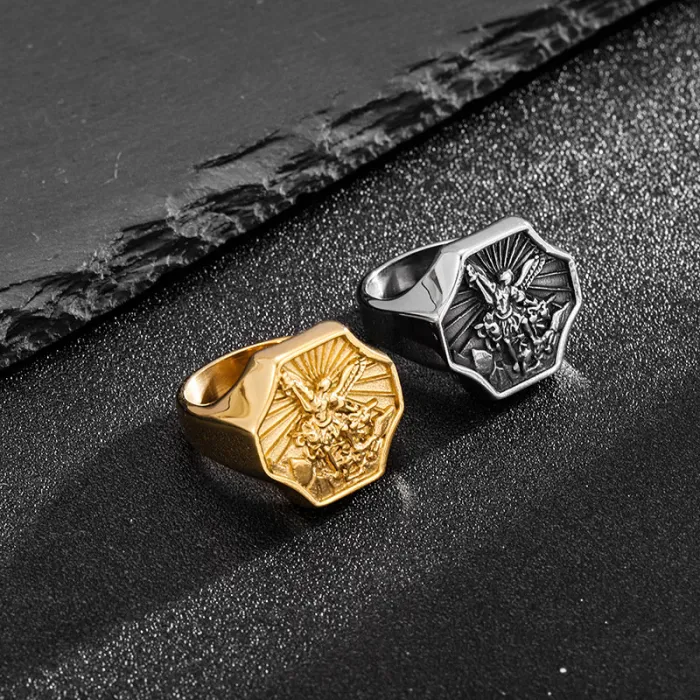 Wholesale Saint Michael Rings for Men – Vintage Titanium Steel Archangel Jewelry | Religious Stainless Steel Ring Supplier