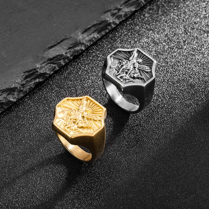 Wholesale Saint Michael Rings for Men – Vintage Titanium Steel Archangel Jewelry | Religious Stainless Steel Ring Supplier