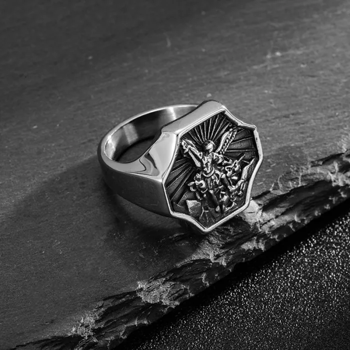 Wholesale Saint Michael Rings for Men – Vintage Titanium Steel Archangel Jewelry | Religious Stainless Steel Ring Supplier