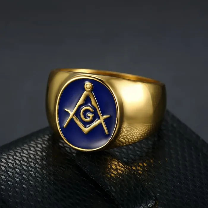 Wholesale Masonic AG Rings for Men – Gold-Plated Titanium Steel with Blue Enamel | HIPHOP Style Jewelry, Bulk Supplier