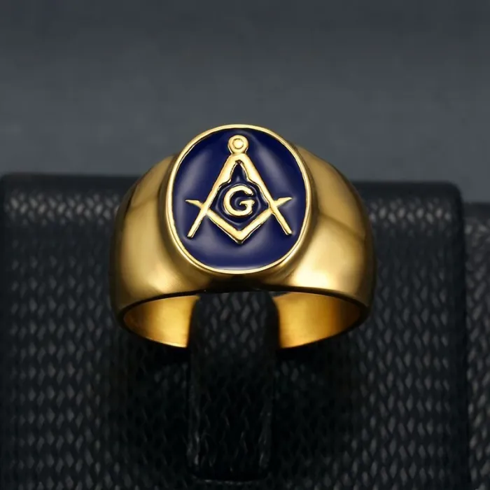 Wholesale Masonic AG Rings for Men – Gold-Plated Titanium Steel with Blue Enamel | HIPHOP Style Jewelry, Bulk Supplier
