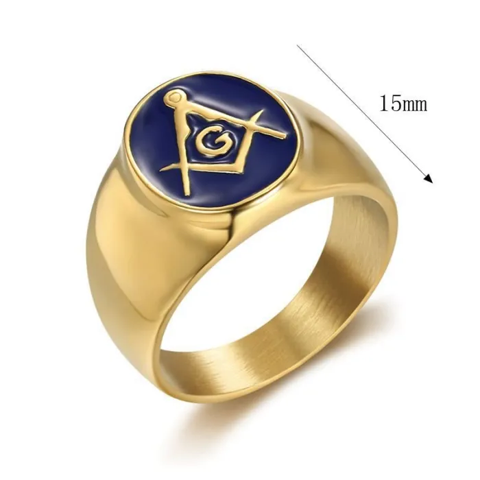 Wholesale Masonic AG Rings for Men – Gold-Plated Titanium Steel with Blue Enamel | HIPHOP Style Jewelry, Bulk Supplier