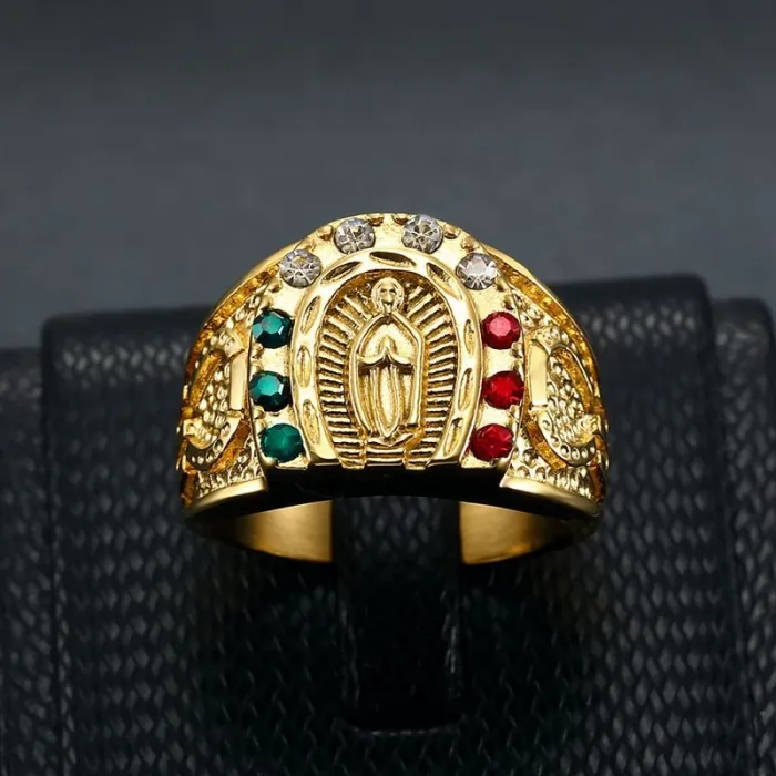 Wholesale HIPHOP Virgin Mary Rings for Men – Gold-Plated Titanium Steel with Colorful Rhinestones | Religious Bling Jewelry Supplier