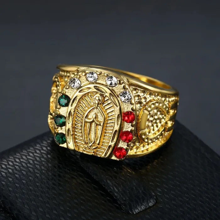 Wholesale HIPHOP Virgin Mary Rings for Men – Gold-Plated Titanium Steel with Colorful Rhinestones | Religious Bling Jewelry Supplier