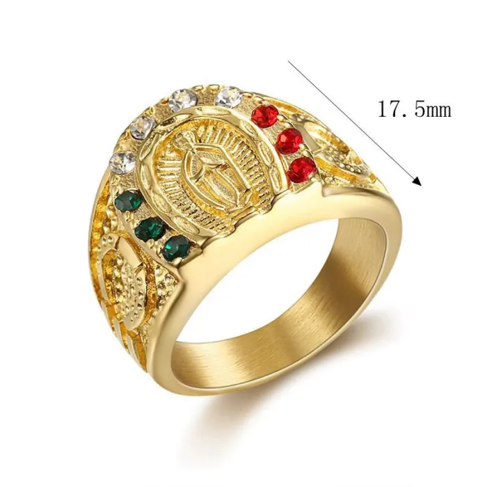 Wholesale HIPHOP Virgin Mary Rings for Men – Gold-Plated Titanium Steel with Colorful Rhinestones | Religious Bling Jewelry Supplier