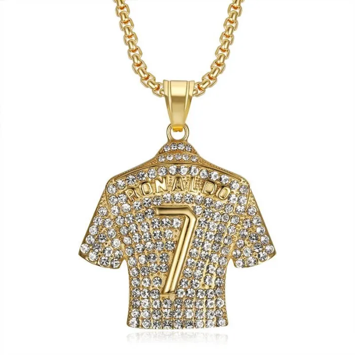 Wholesale HIPHOP Ronaldo No.7 Pendant Necklace – Gold-Plated Titanium Steel with Rhinestones | CR7 Jewelry, Bulk Supplier