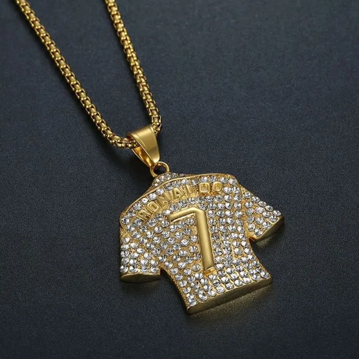 Wholesale HIPHOP Ronaldo No.7 Pendant Necklace – Gold-Plated Titanium Steel with Rhinestones | CR7 Jewelry, Bulk Supplier
