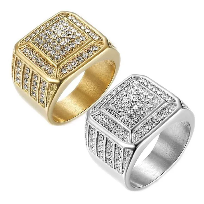 Wholesale HIPHOP Bling Rings for Men – Full Rhinestone Gold-Plated Titanium Steel | Nightclub Style Jewelry, Bulk Supplier