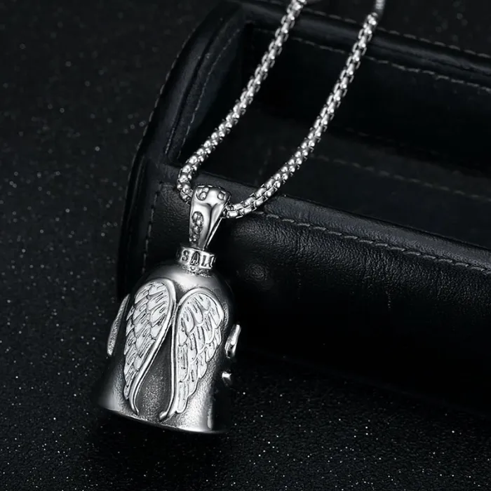 Wholesale Biker Angel Bell Pendant – Polished Vintage Titanium Steel with White Wings | Lucky Guardian Charm, Bulk Supplier