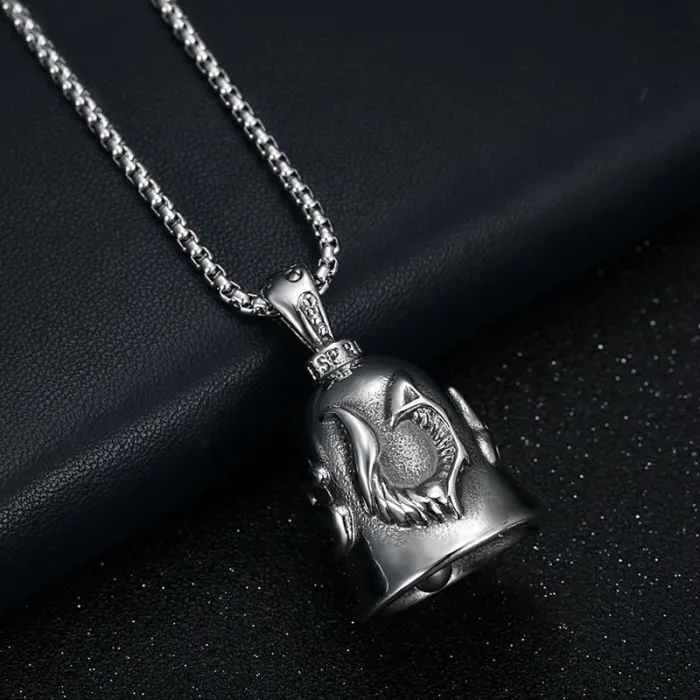 Wholesale Biker Angel Bell Pendant – Polished Vintage Titanium Steel with White Wings | Lucky Guardian Charm, Bulk Supplier