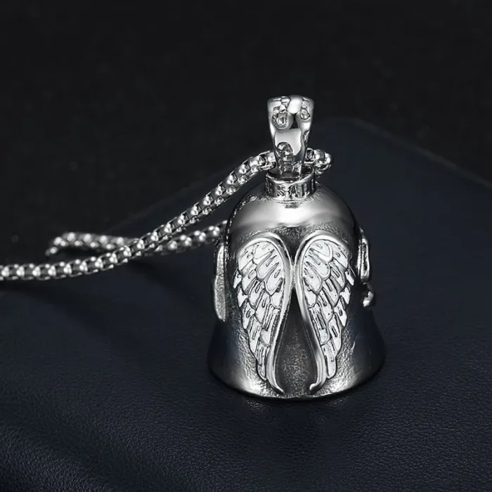 Wholesale Biker Angel Bell Pendant – Polished Vintage Titanium Steel with White Wings | Lucky Guardian Charm, Bulk Supplier