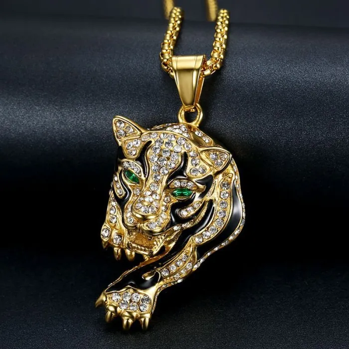 Wholesale HIPHOP Leopard Head Pendant Necklace – Gold-Plated Titanium Steel with Rhinestones | Bling Jewelry Supplier