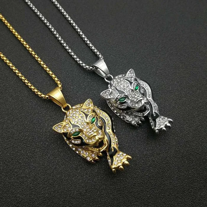 Wholesale HIPHOP Leopard Head Pendant Necklace – Gold-Plated Titanium Steel with Rhinestones | Bling Jewelry Supplier
