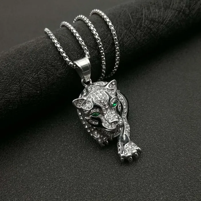 Wholesale HIPHOP Leopard Head Pendant Necklace – Gold-Plated Titanium Steel with Rhinestones | Bling Jewelry Supplier