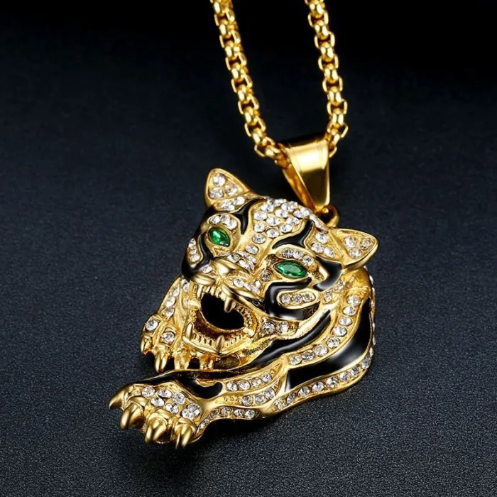 Wholesale HIPHOP Leopard Head Pendant Necklace – Gold-Plated Titanium Steel with Rhinestones | Bling Jewelry Supplier