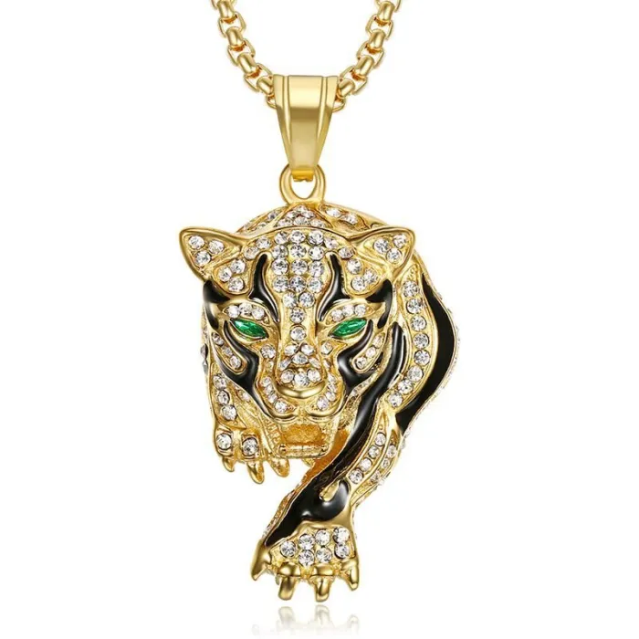 Wholesale HIPHOP Leopard Head Pendant Necklace – Gold-Plated Titanium Steel with Rhinestones | Bling Jewelry Supplier