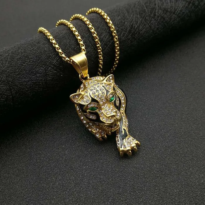 Wholesale HIPHOP Leopard Head Pendant Necklace – Gold-Plated Titanium Steel with Rhinestones | Bling Jewelry Supplier