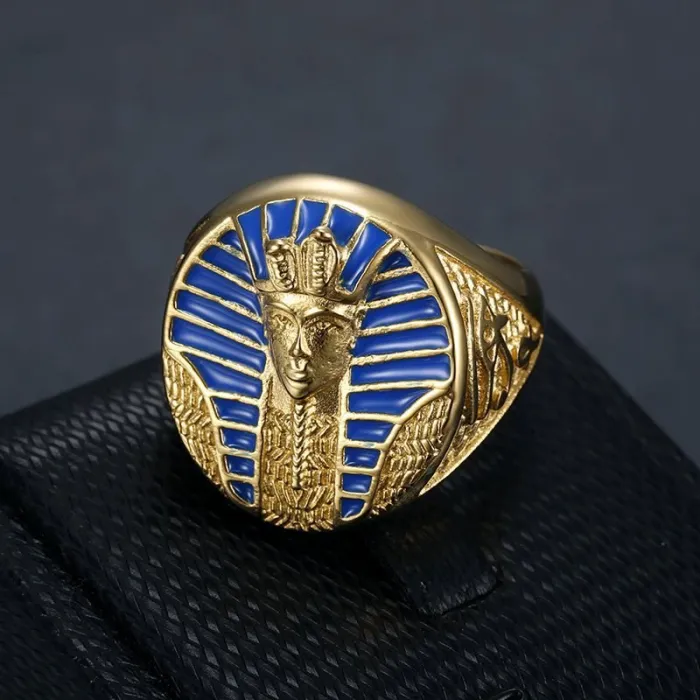 Wholesale Egyptian Pharaoh Rings for Men – Gold-Plated Titanium with Blue Enamel Eye of Horus & Ankh | Symbolic Jewelry Supplier