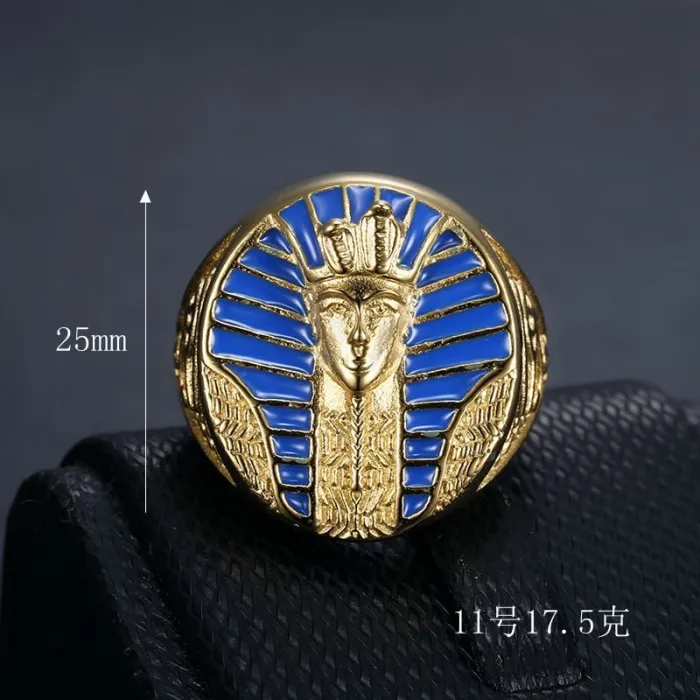 Wholesale Egyptian Pharaoh Rings for Men – Gold-Plated Titanium with Blue Enamel Eye of Horus & Ankh | Symbolic Jewelry Supplier