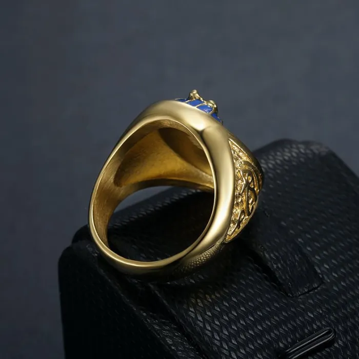 Wholesale Egyptian Pharaoh Rings for Men – Gold-Plated Titanium with Blue Enamel Eye of Horus & Ankh | Symbolic Jewelry Supplier
