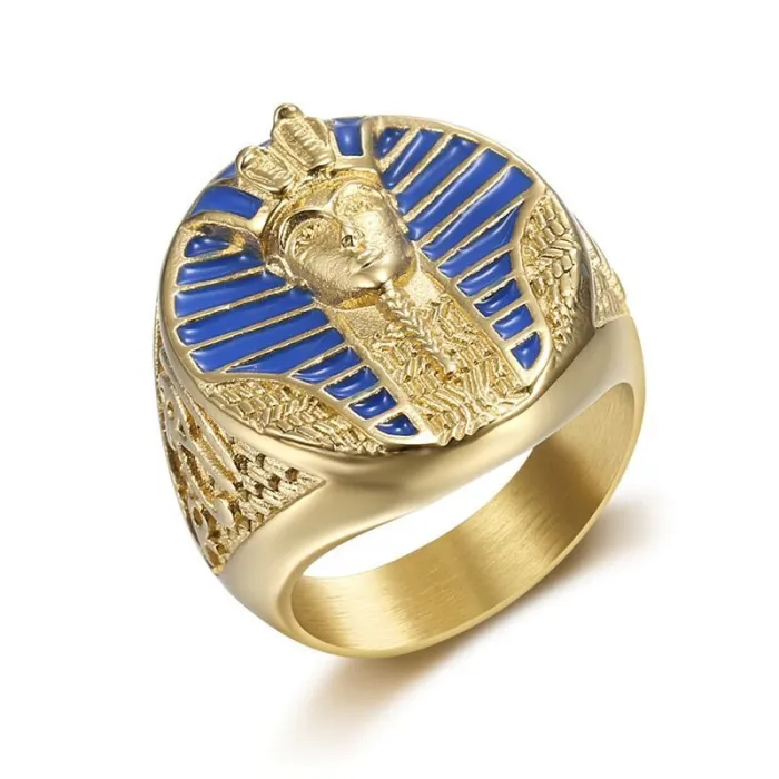 Wholesale Egyptian Pharaoh Rings for Men – Gold-Plated Titanium with Blue Enamel Eye of Horus & Ankh | Symbolic Jewelry Supplier
