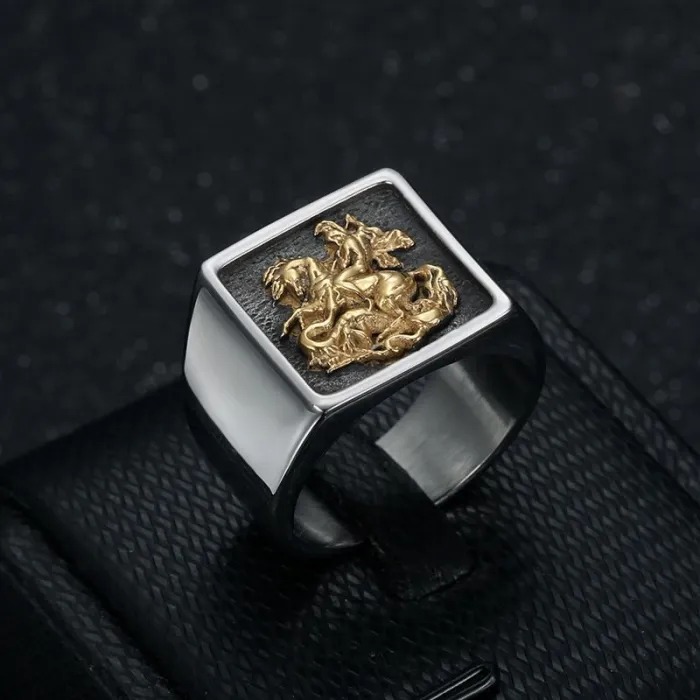 Wholesale Saint George Knight Rings for Men – Medieval Dragon Slayer Design in Stainless Steel | Vintage Gothic Jewelry Supplier