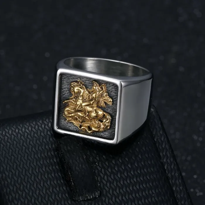 Wholesale Saint George Knight Rings for Men – Medieval Dragon Slayer Design in Stainless Steel | Vintage Gothic Jewelry Supplier