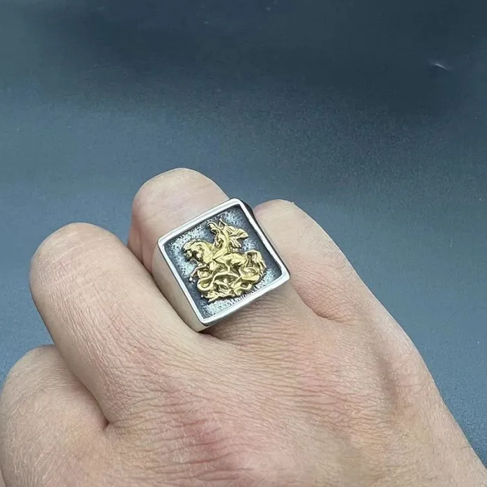 Wholesale Saint George Knight Rings for Men – Medieval Dragon Slayer Design in Stainless Steel | Vintage Gothic Jewelry Supplier