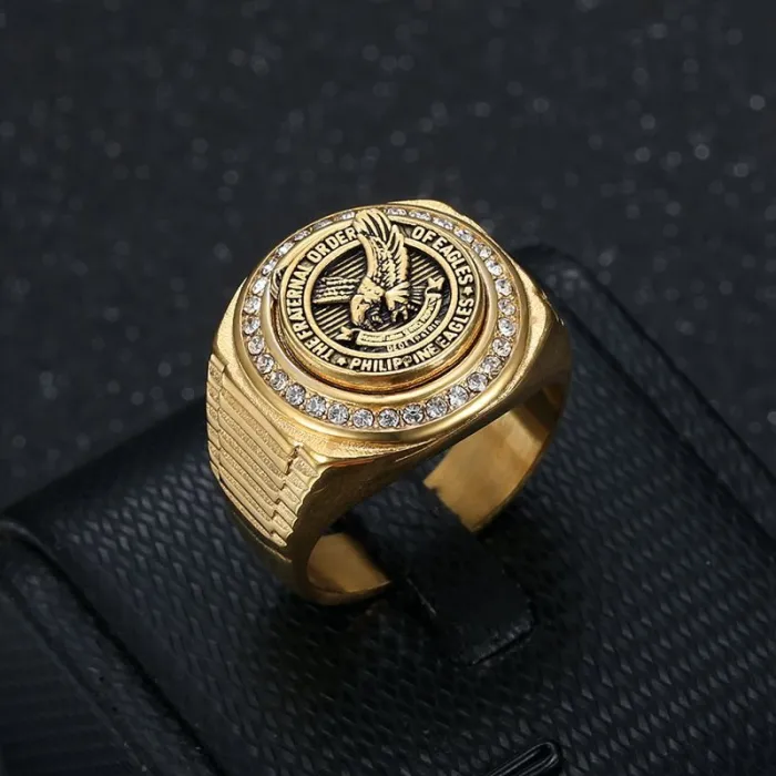 Wholesale Filipino Eagle Rings for Men – Gold-Plated Stainless Steel with Rhinestones | Bold HIPHOP Jewelry Supplier