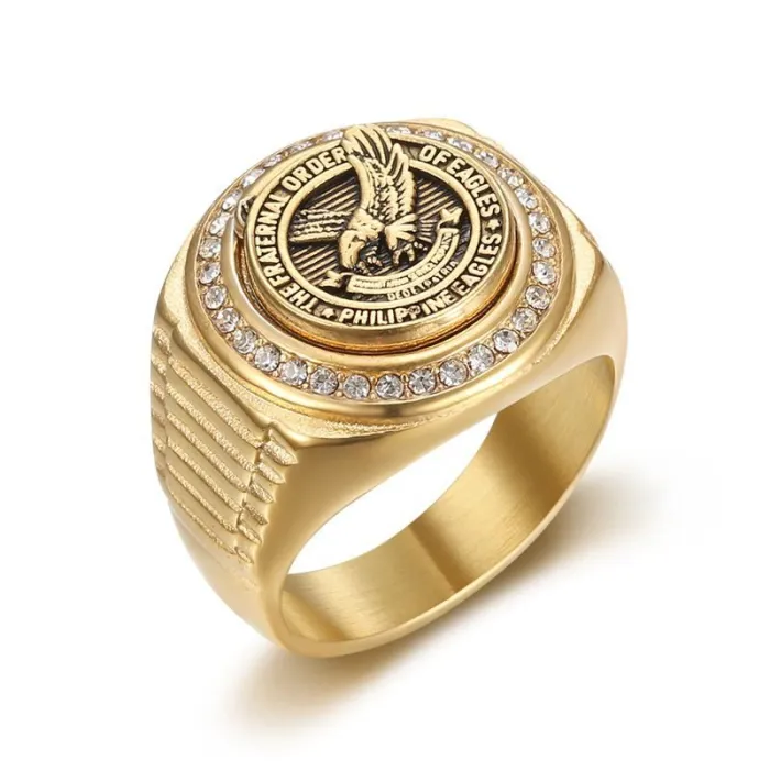 Wholesale Filipino Eagle Rings for Men – Gold-Plated Stainless Steel with Rhinestones | Bold HIPHOP Jewelry Supplier