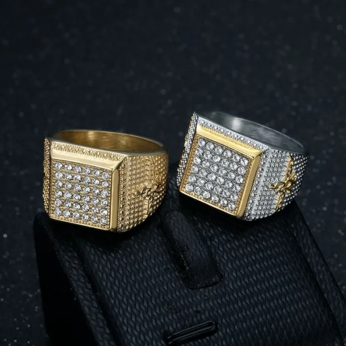 Wholesale HIPHOP Zoroastrian Rings for Men – Gold-Plated Titanium Steel with Rhinestones | Persian Fire Worship Jewelry Supplier