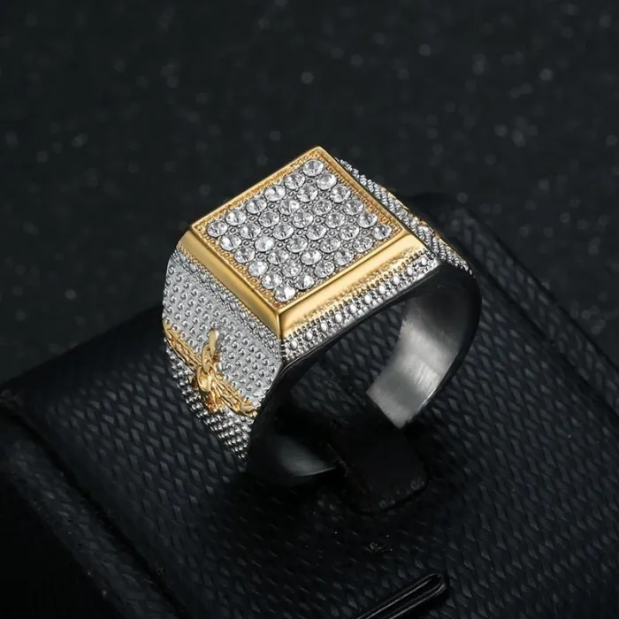Wholesale HIPHOP Zoroastrian Rings for Men – Gold-Plated Titanium Steel with Rhinestones | Persian Fire Worship Jewelry Supplier