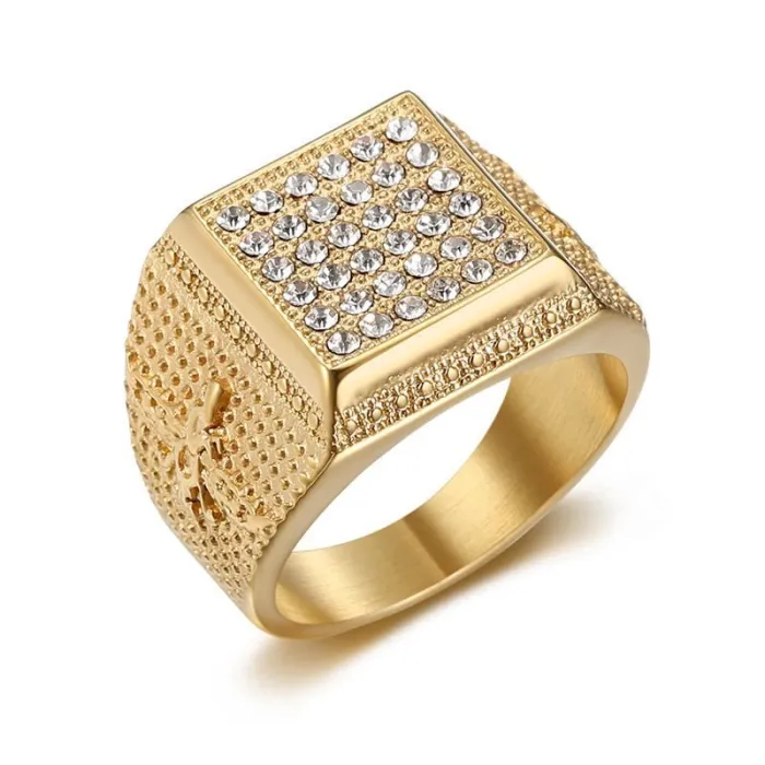 Wholesale HIPHOP Zoroastrian Rings for Men – Gold-Plated Titanium Steel with Rhinestones | Persian Fire Worship Jewelry Supplier