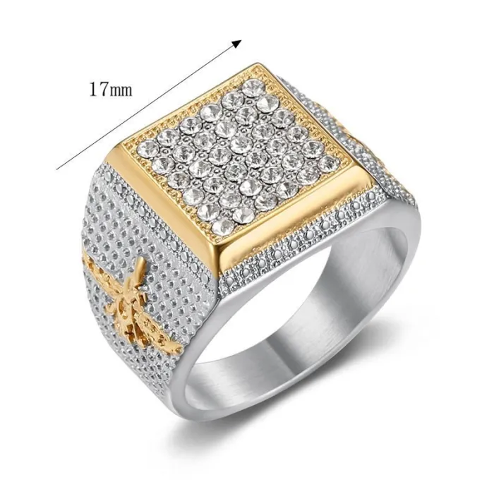 Wholesale HIPHOP Zoroastrian Rings for Men – Gold-Plated Titanium Steel with Rhinestones | Persian Fire Worship Jewelry Supplier