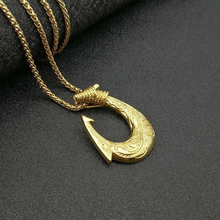 Wholesale Viking Fish Hook Pendant Necklace – Gold-Plated Titanium Steel HIPHOP Jewelry | Nordic Symbol Chain, Bulk Supplier
