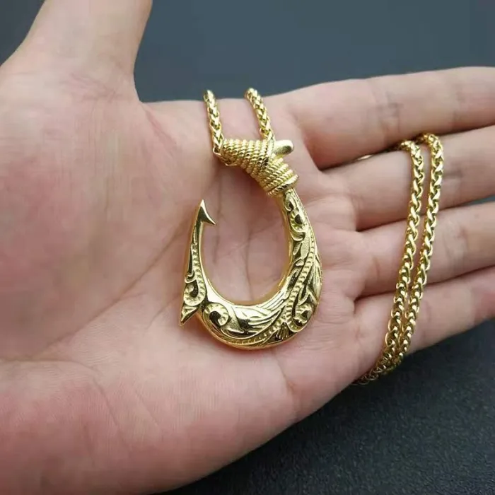 Wholesale Viking Fish Hook Pendant Necklace – Gold-Plated Titanium Steel HIPHOP Jewelry | Nordic Symbol Chain, Bulk Supplier