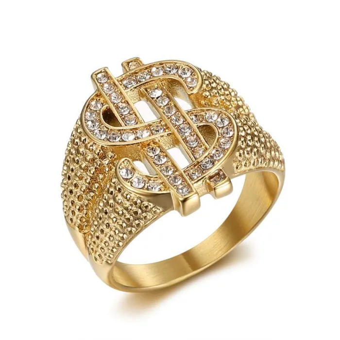 Wholesale HIPHOP Dollar Sign Rings for Men – Gold-Plated Titanium Steel with Rhinestones | Bling Rap Jewelry Supplier