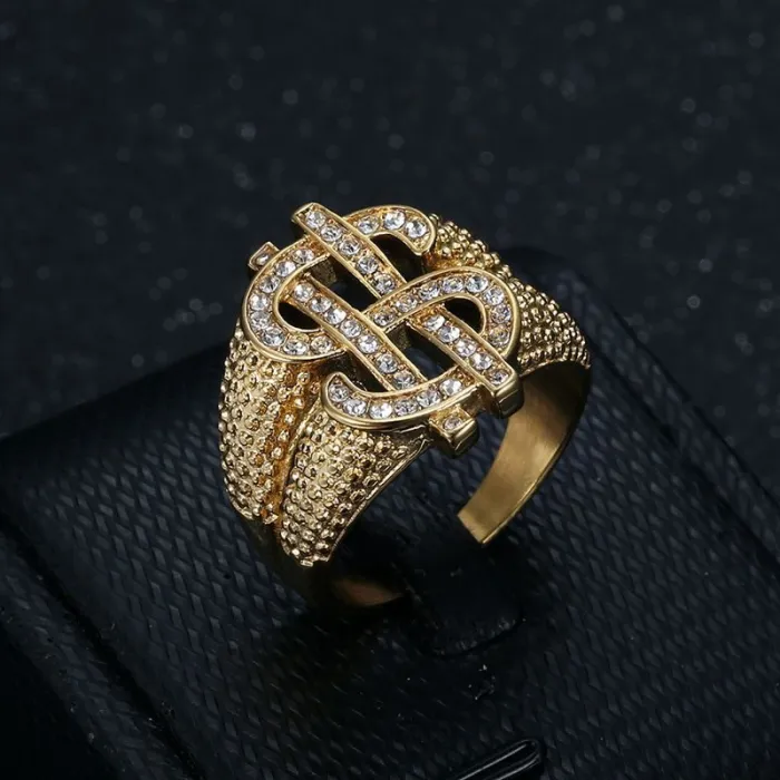 Wholesale HIPHOP Dollar Sign Rings for Men – Gold-Plated Titanium Steel with Rhinestones | Bling Rap Jewelry Supplier