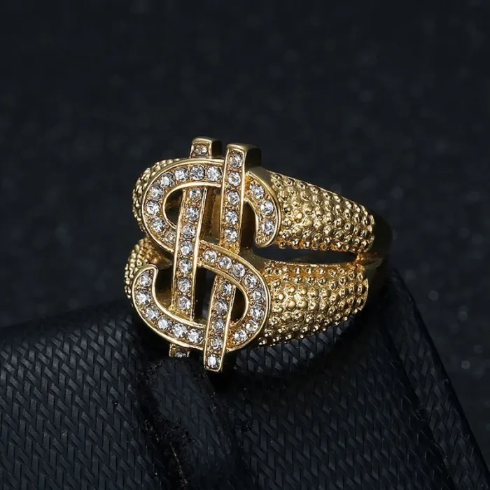 Wholesale HIPHOP Dollar Sign Rings for Men – Gold-Plated Titanium Steel with Rhinestones | Bling Rap Jewelry Supplier