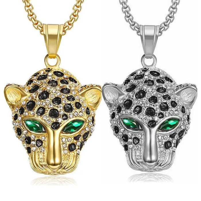 Wholesale HIPHOP Leopard Head Pendant Necklace – Gold-Plated Titanium Steel with Rhinestones | Bling Street Jewelry Supplier